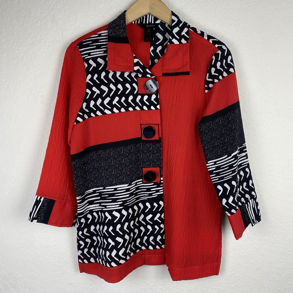 Ali Miles Size M Tunic Top Kimono Sleeve Red Artsy Abstract Funky Asian